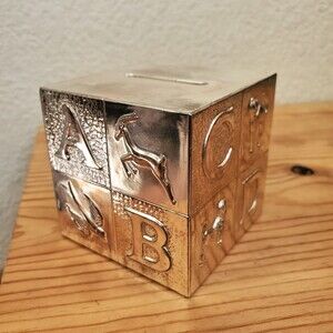 VTG Cube Coin Bank Newport Building Block Silverplate Japan ABC’s 123’s Baby 3"